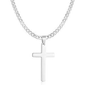 💫 Men Silver Cross Pendant Necklace Stainless Steel Cuban Chain Jewelry